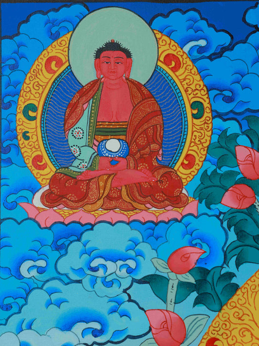 Tibetan Thangka painting of Vairocana Buddha, hand-painted on canvas with mineral pigments, sacred artwork.