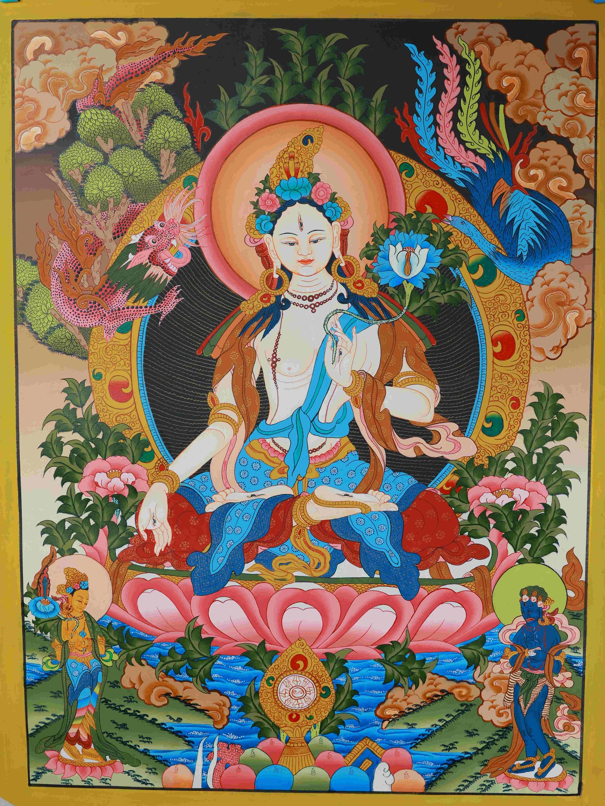Hand-painted Tibetan Buddhist White Tara Thangka, 75x50cm, symbolizing longevity and compassion.