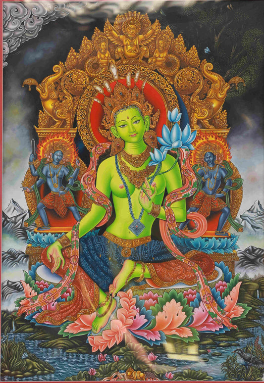 Hand-painted Newar Style Green Tara Thangka, symbolizing protection, compassion, and swift aid.