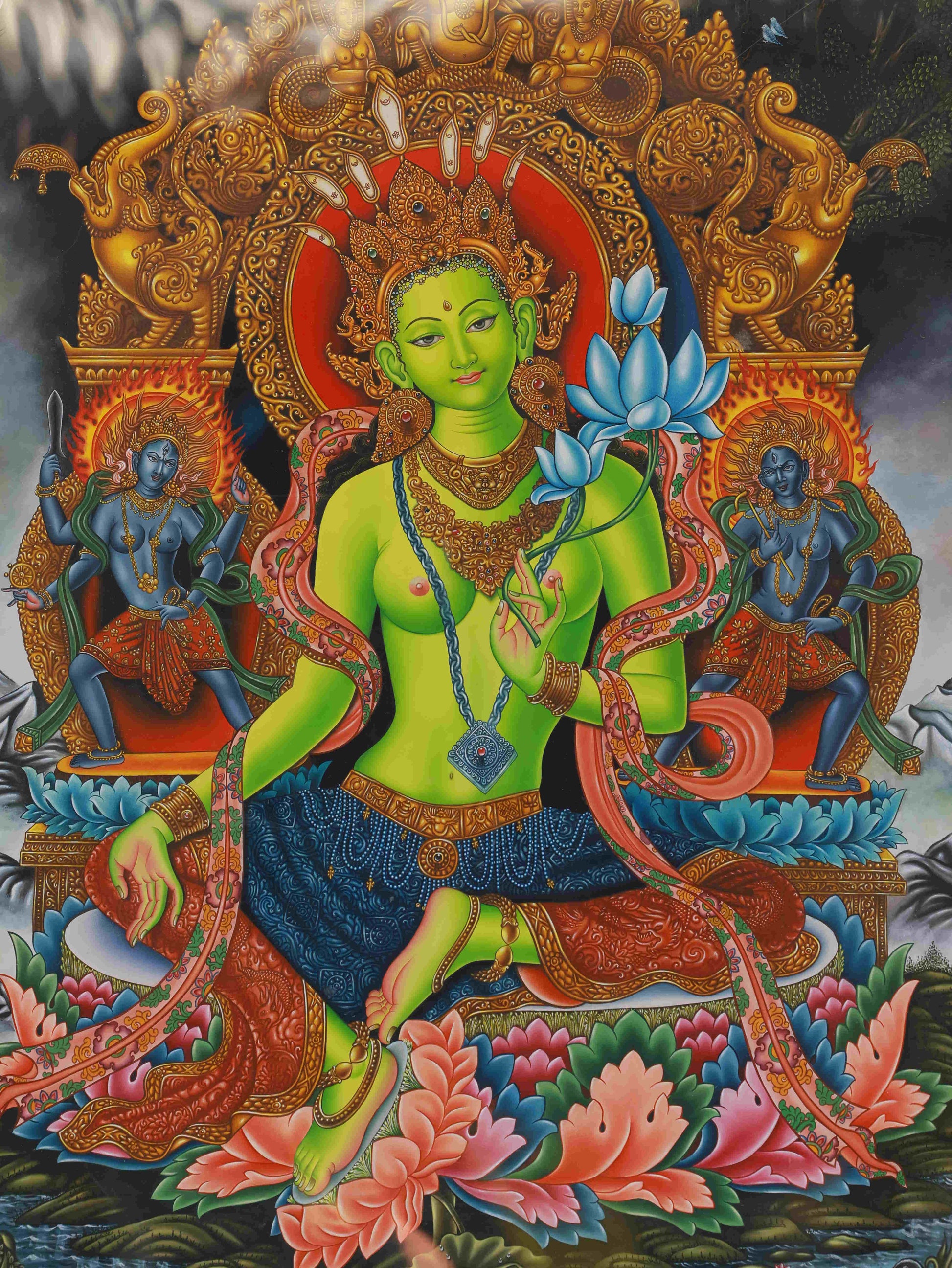 Hand-painted Newar Green Tara Thangka for meditation, protection, and spiritual awakening.