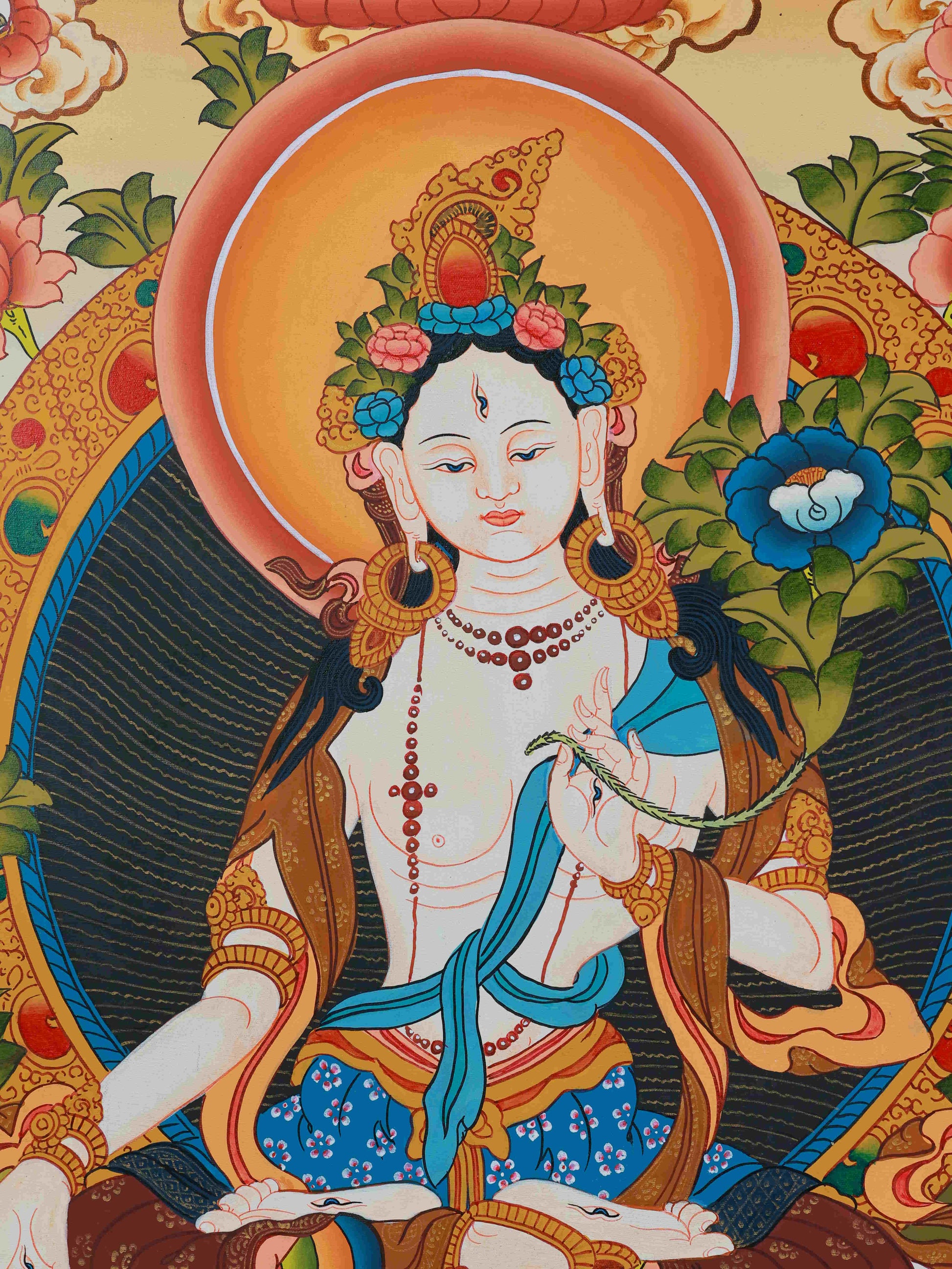 Authentic hand-painted White Tara Thangka, ideal for meditation, home altar, and spiritual practice.