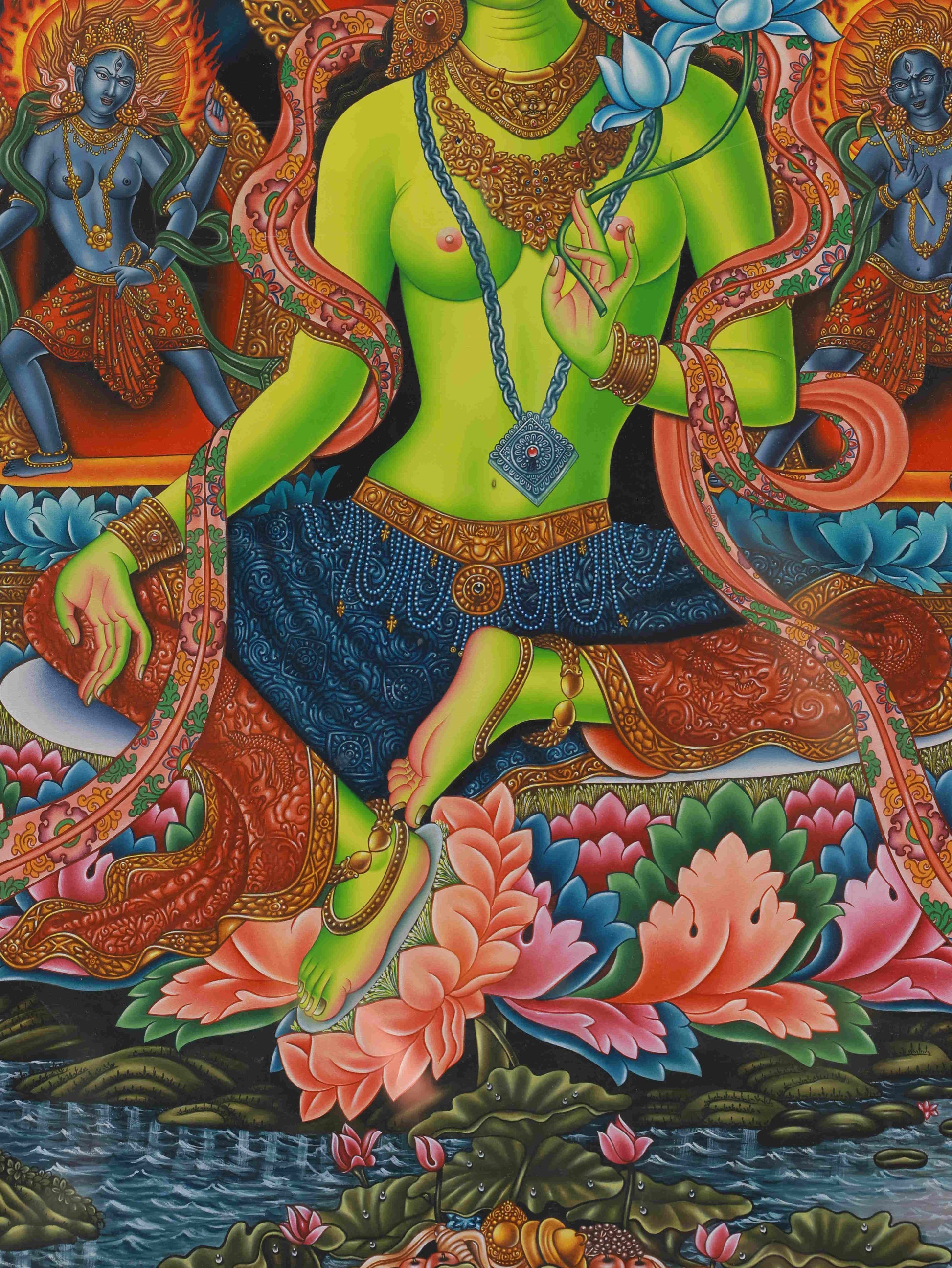Traditional Tibetan Thangka of Green Tara, promoting peace, healing, and obstacle removal.