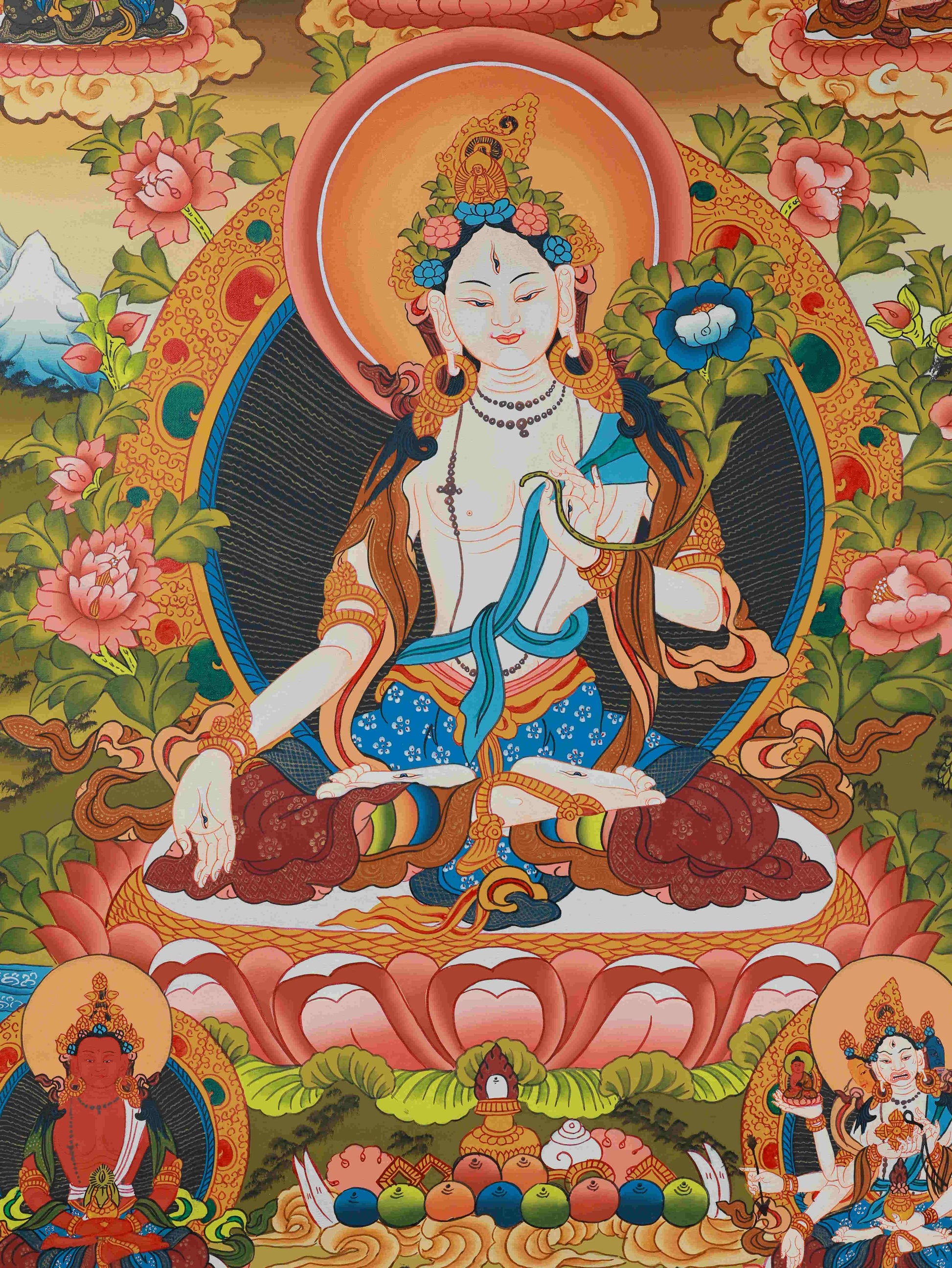 Authentic hand-painted White Tara Thangka for meditation, home altar, and wellness practice.