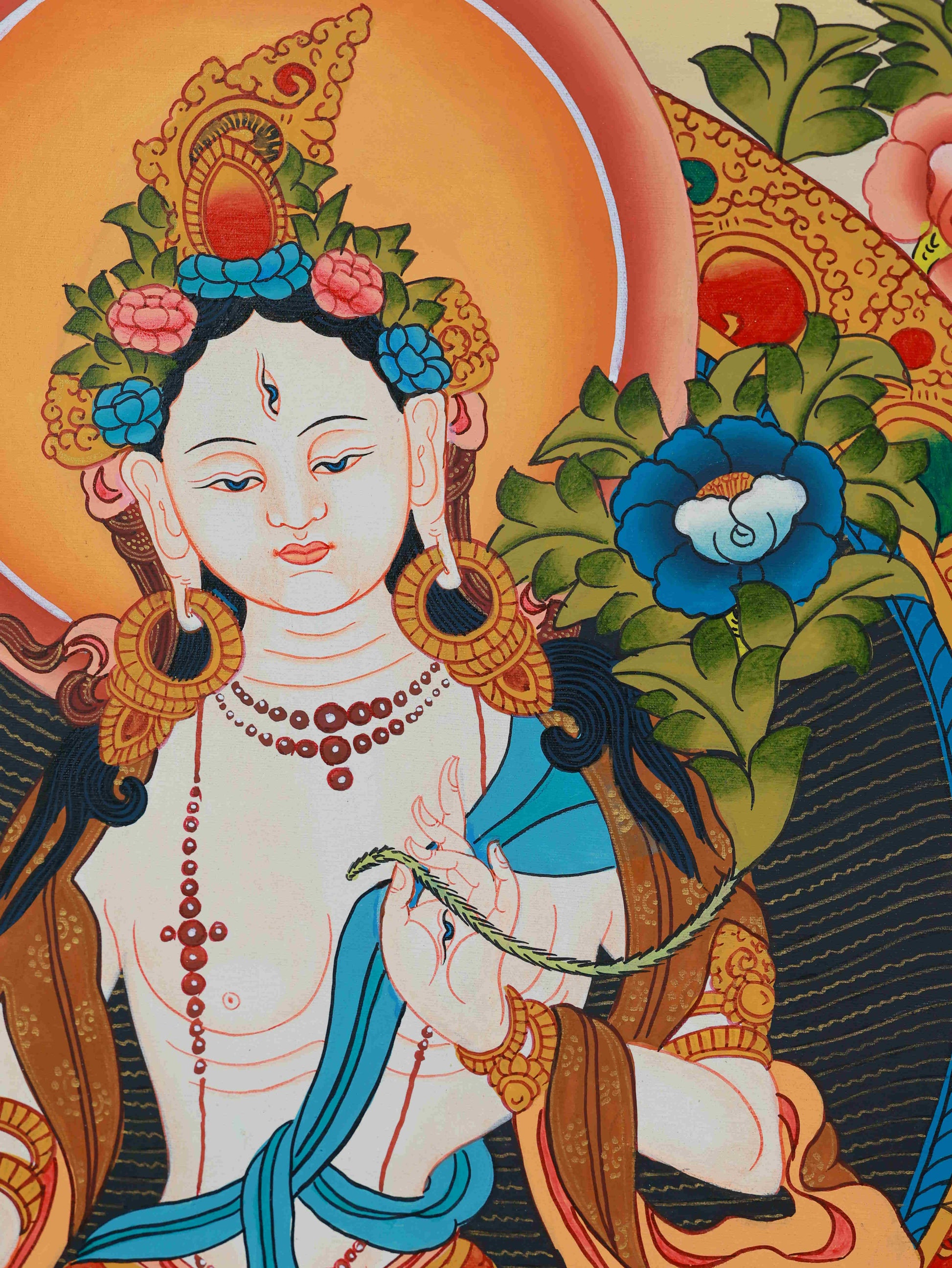 Handcrafted Tibetan Buddhist Thangka painting of White Tara, ideal for wellness and spiritual devotion.