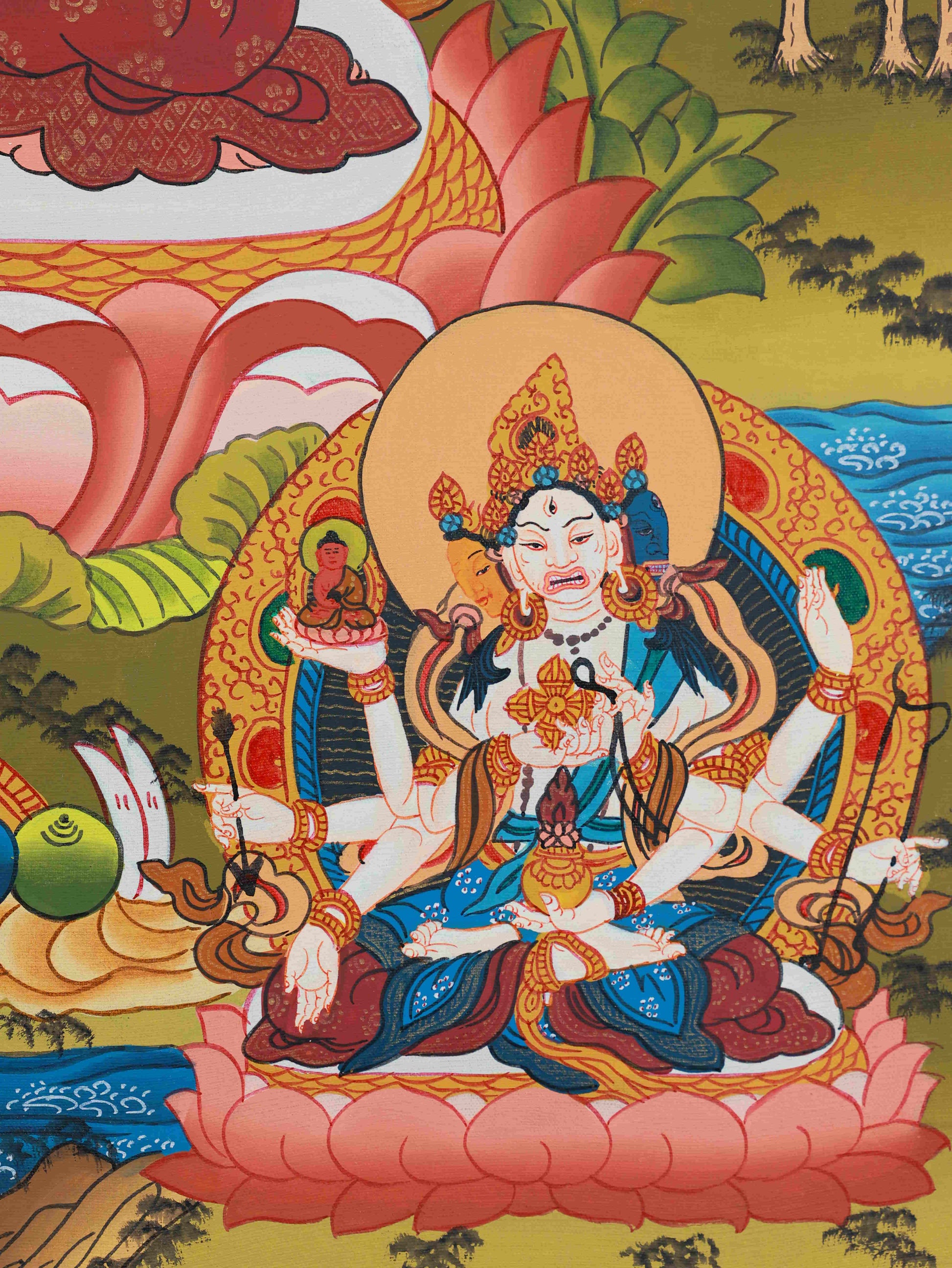 Traditional White Tara Thangka on canvas, promoting healing, longevity, and inner peace.