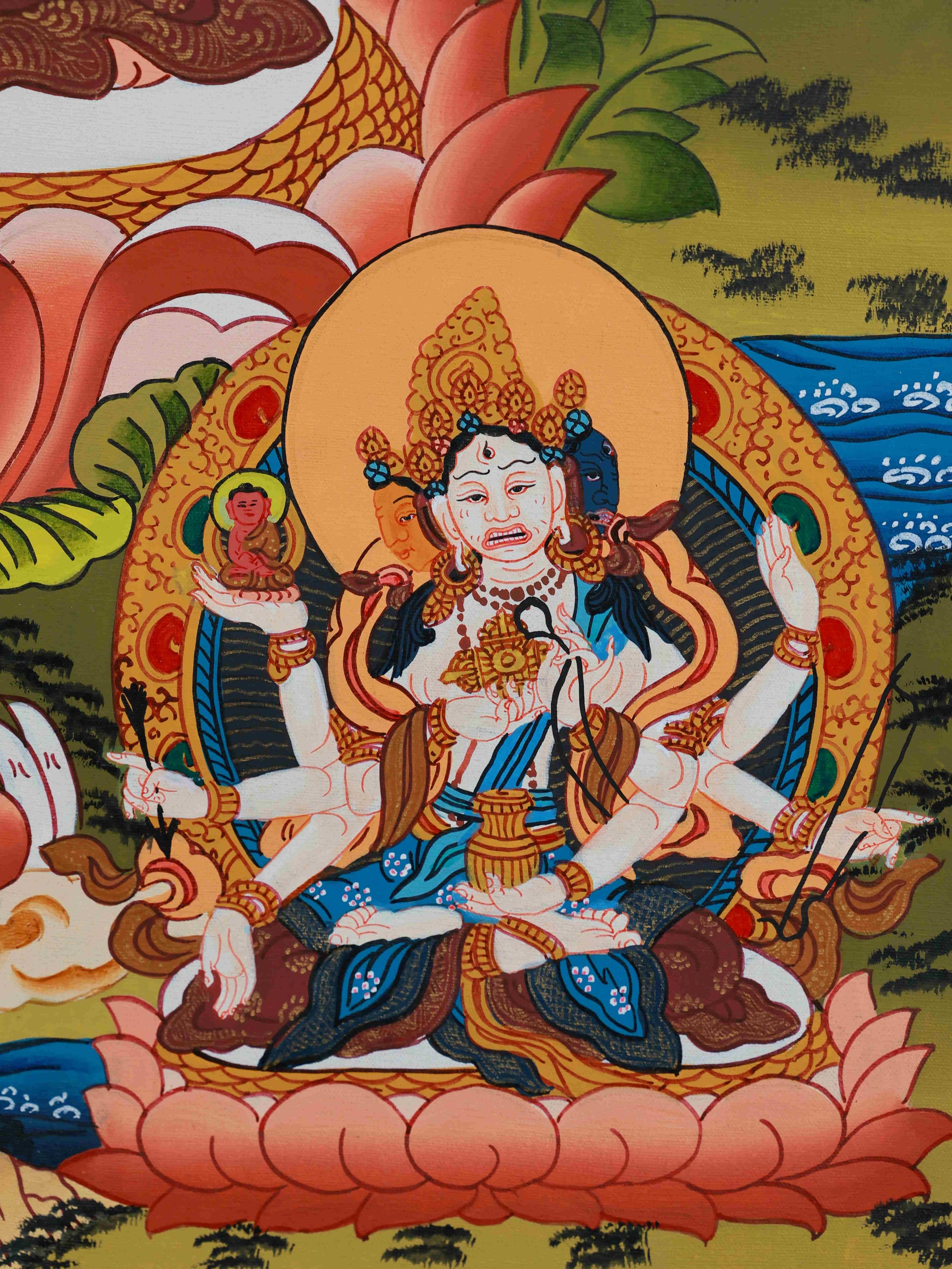 Tibetan Buddhist hand-painted White Tara Thangka, sacred artwork for home, shrine, or wellness space.