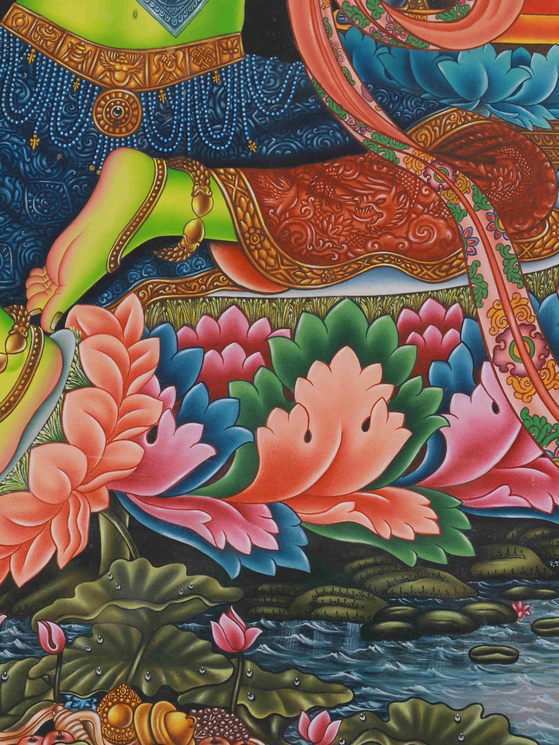 Handcrafted Tibetan Green Tara Thangka, artwork of compassion, prosperity, and divine energy.