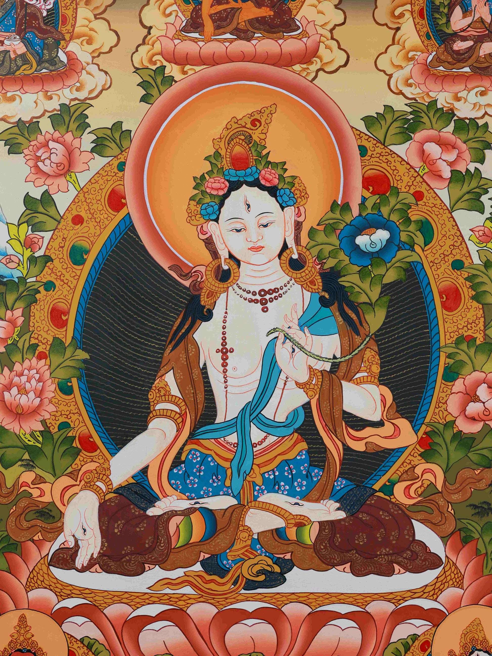 White Tara Thangka on fine Thangka canvas, hand-painted with mineral pigments, promoting compassion and blessings.