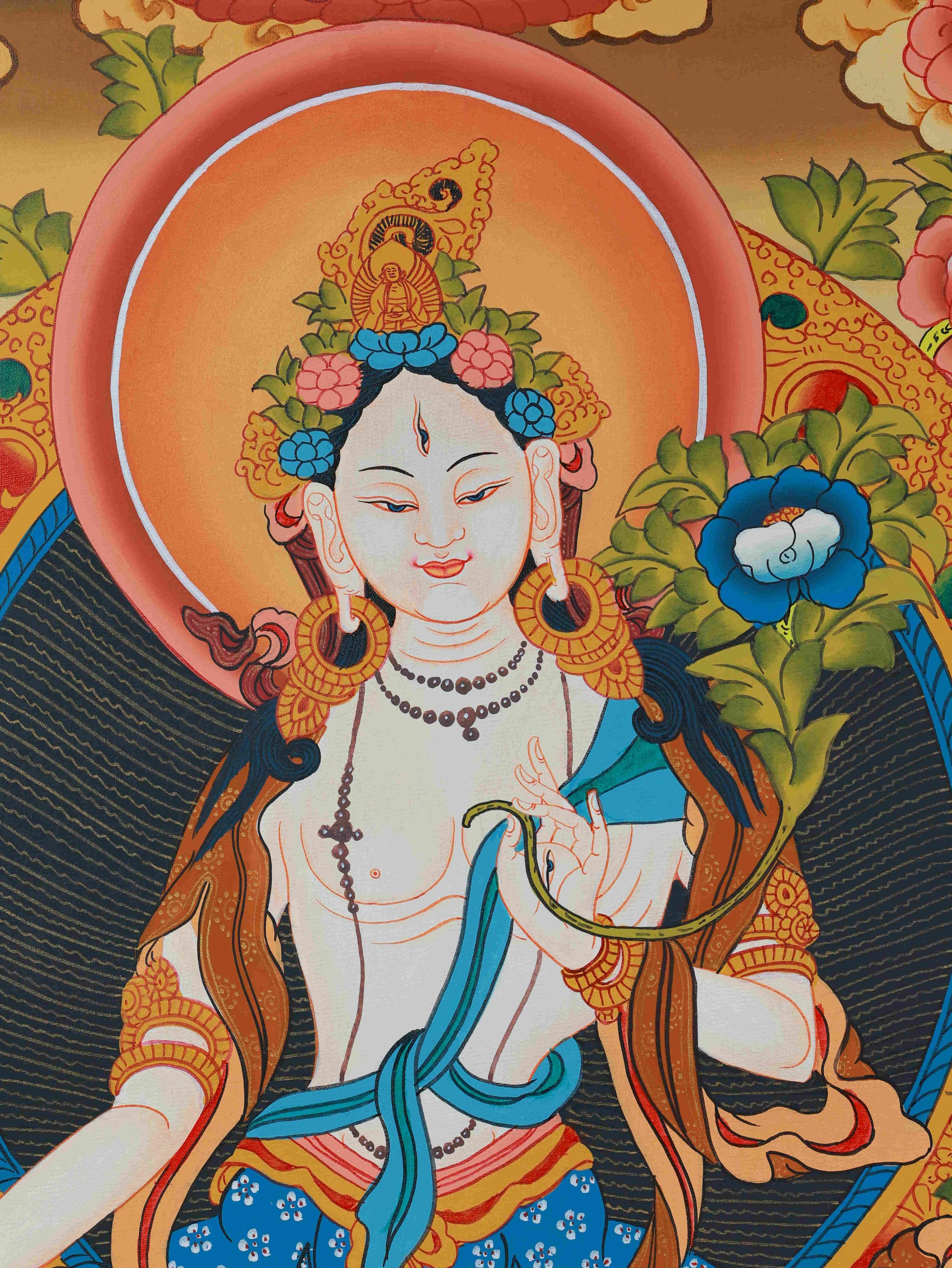 Hand-painted Tibetan Buddhist White Tara Thangka, sacred art for meditation, healing, and devotion.