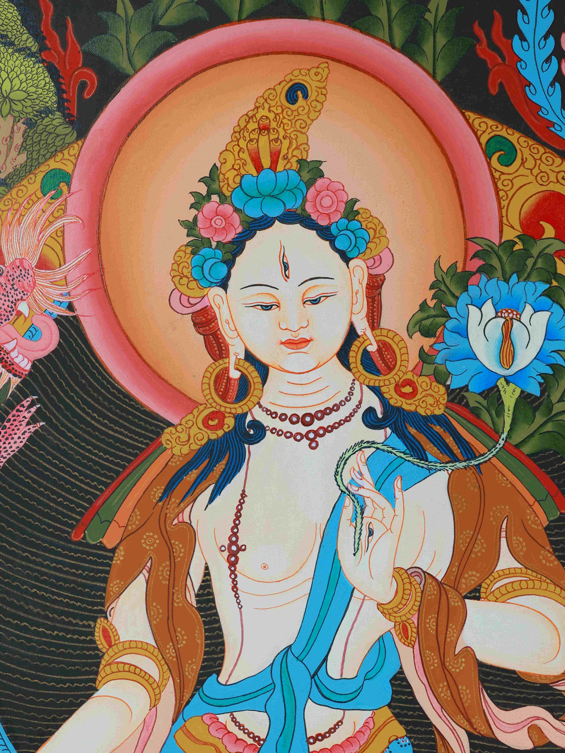 Traditional Tibetan Thangka of White Tara, hand-painted, perfect for home, shrine, or cultural display.