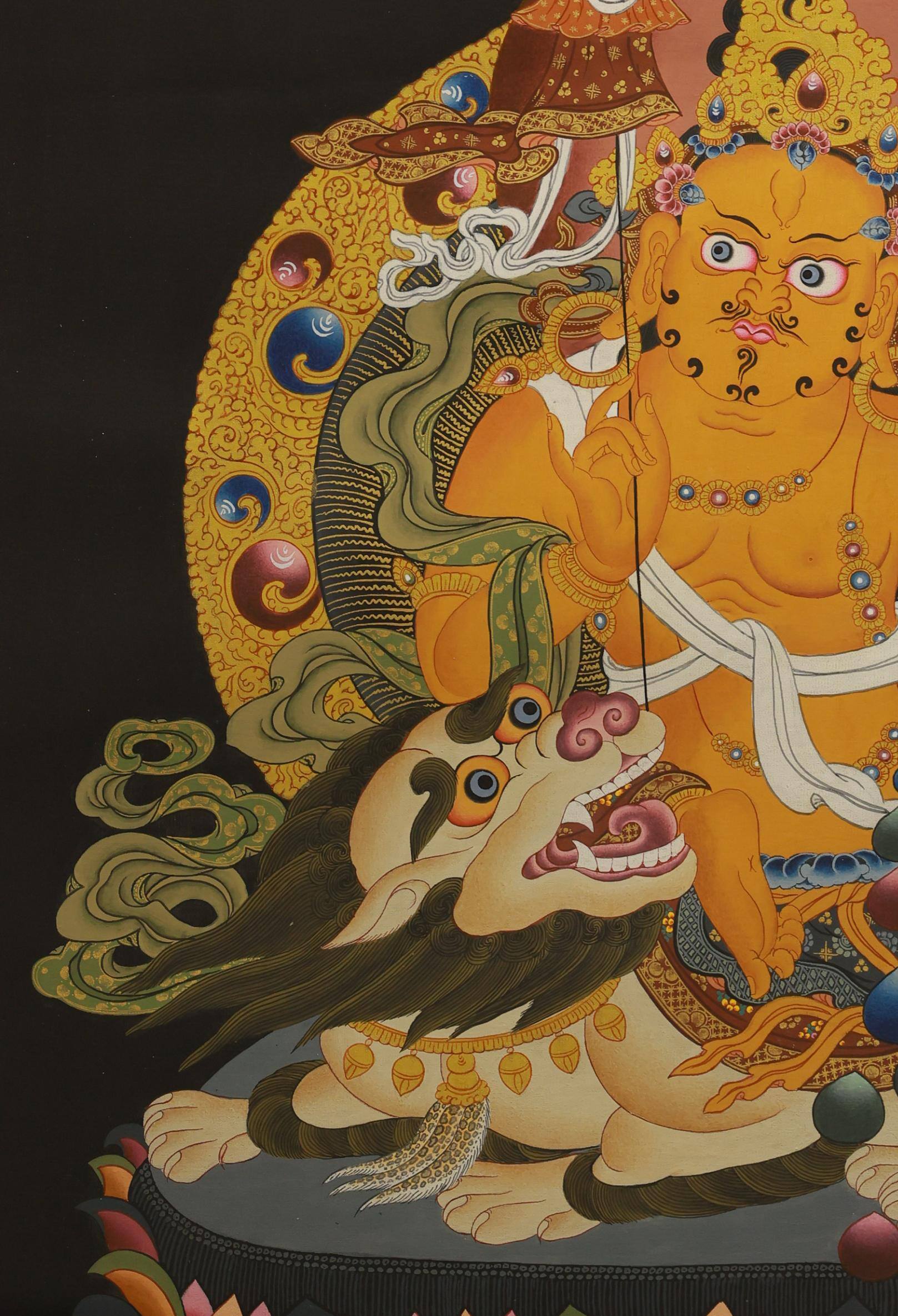 Tibetan Buddhist Yellow Dzambhala Thangka, traditional hand-painted art for abundance and good luck.