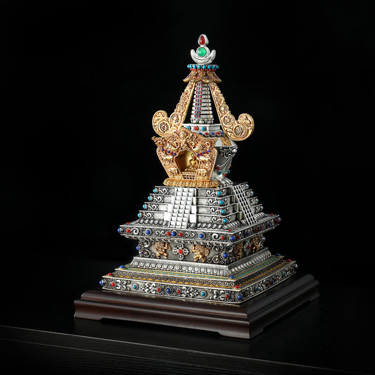 Handcrafted Tibetan Buddhist Heaven Descent Stupa made of brass and white bronze with gold and silver gilding.