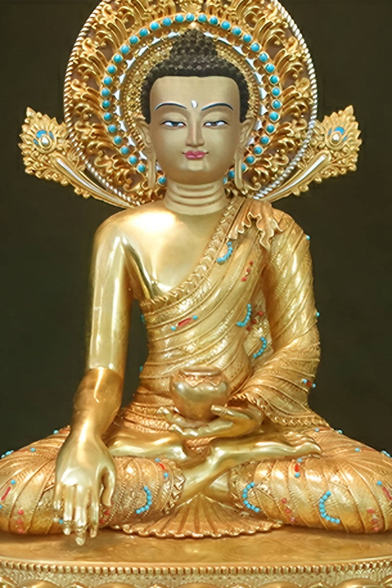 "Rare brass Kyastha Buddha statue, featuring hand-painted Tibetan Buddhist details for a unique touch."
