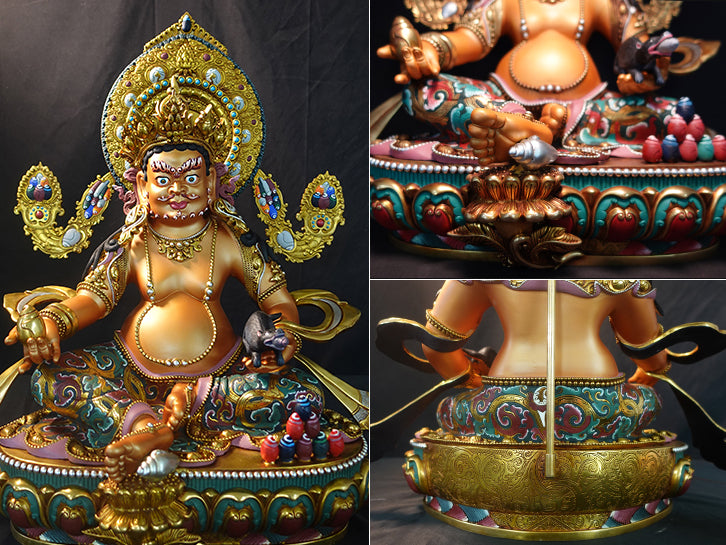 A majestic Yellow Jambhala figure, representing fine Tibetan Buddhist statues. This handmade brass Buddha statue art is revered for bestowing prosperity and financial stability.