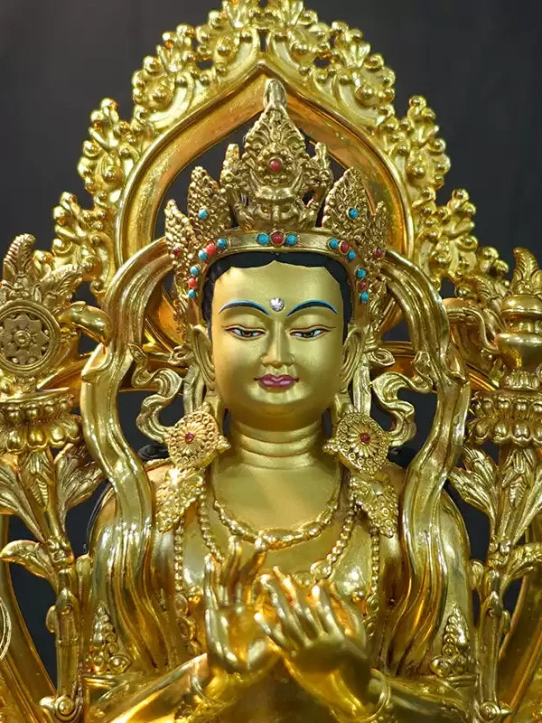 Lord Maitreya Buddha handcrafted brass statue, exquisite Tibetan Buddhist statues design, Buddha Statue Art representing wisdom and prosperity.