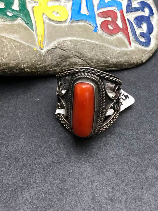 Handmade 925 silver red resin ring from the Tibetan Buddhist Jewelry Culture collection, showcasing intricate jewelry art and hand-painted details.