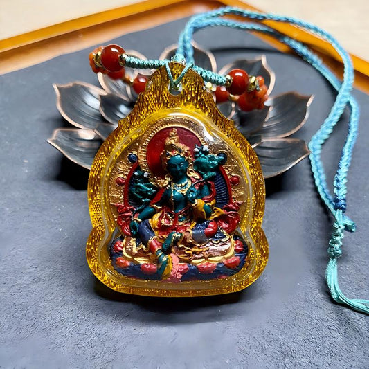 Tibetan Buddhist Jewelry Culture hand-painted Green Tara pendant, mineral pigment tsatsa amulet necklace jewelry art for spiritual protection and blessings