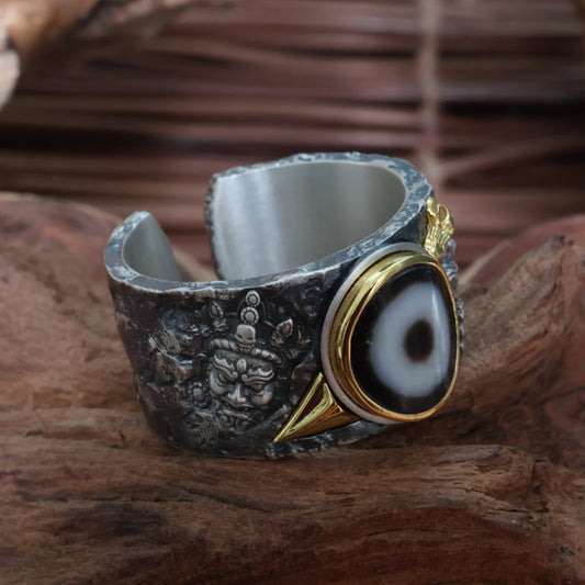 Hand-painted silver 3D Phurba ring inspired by Tibetan Buddhist Jewelry Culture, a unique jewelry art piece symbolizing spiritual power and protection.