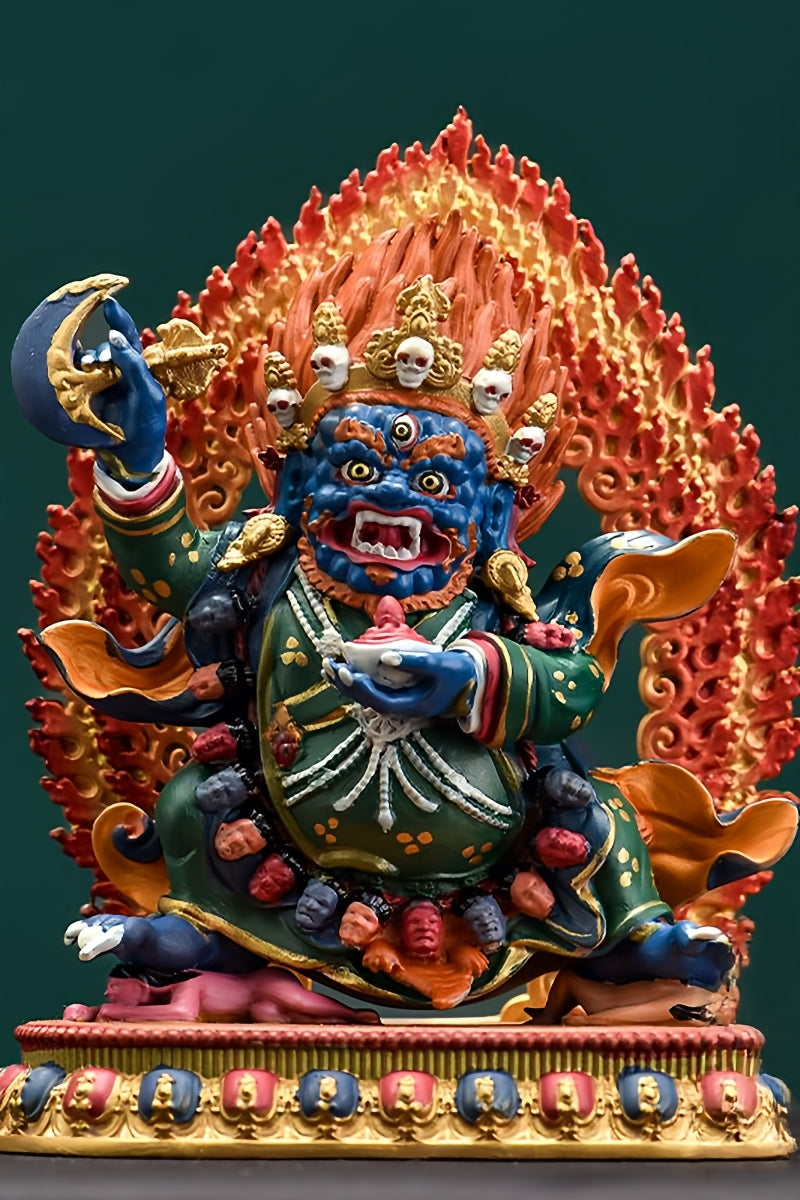 Tibetan-buddhist Kagyu fierce protector deity statue, handcrafted in copper with detailed hand-painted finish, tibetan Buddha art.