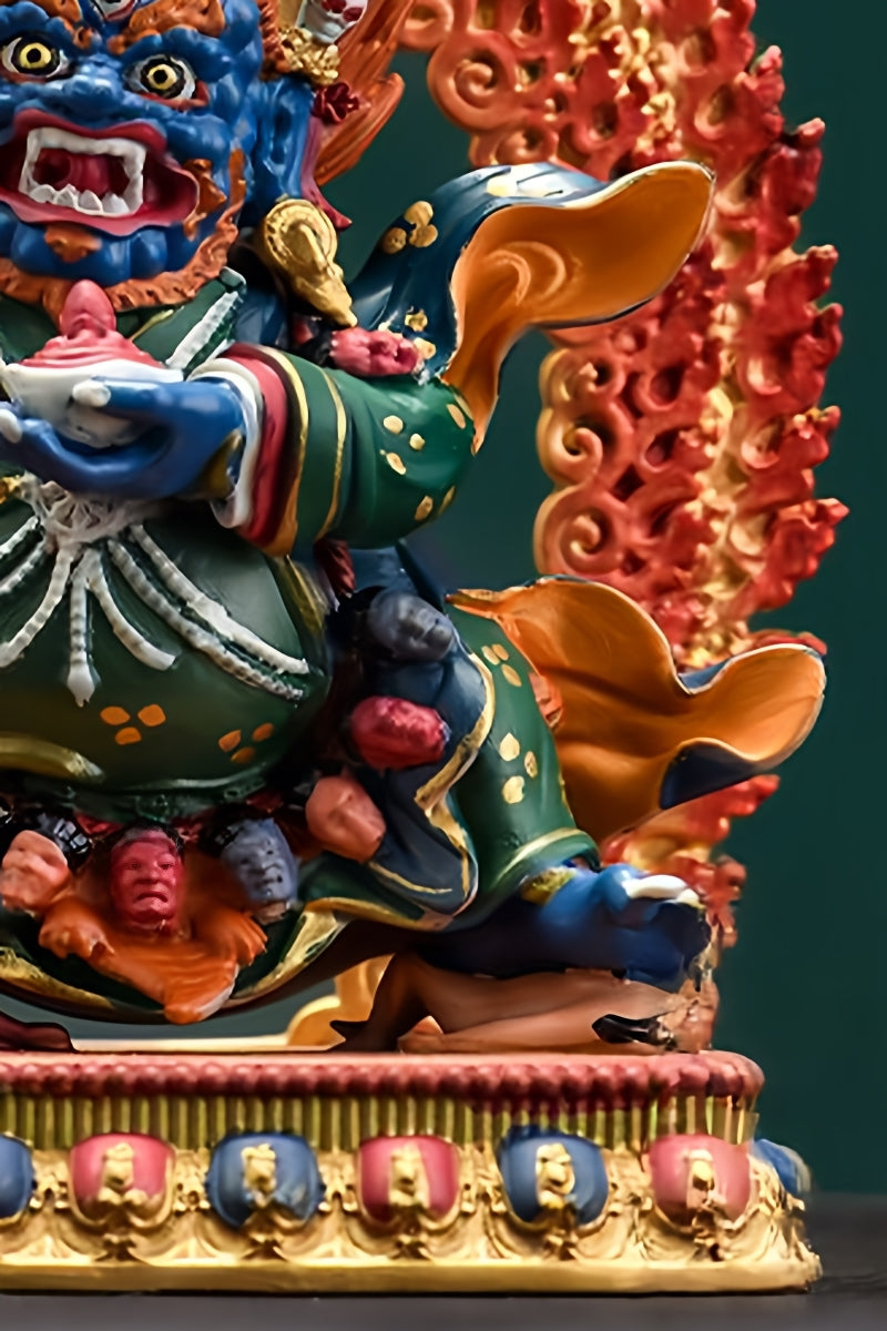 Sacred tibetan-buddhist Kagyu Black Protector sculpture, handmade copper with mineral pigments, unique tibetan Buddha art design.