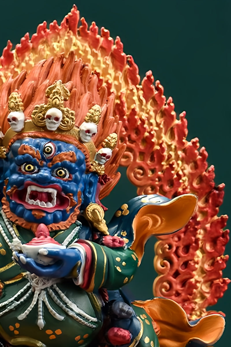 Traditional tibetan-buddhist Kagyu Protector Deity statue, handcrafted copper with hand-painted colors, tibetan Buddha art masterpiece.