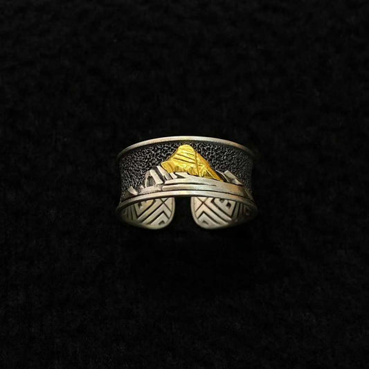 Handmade Tibetan Kailash ring, gold and silver inlay with sacred design.