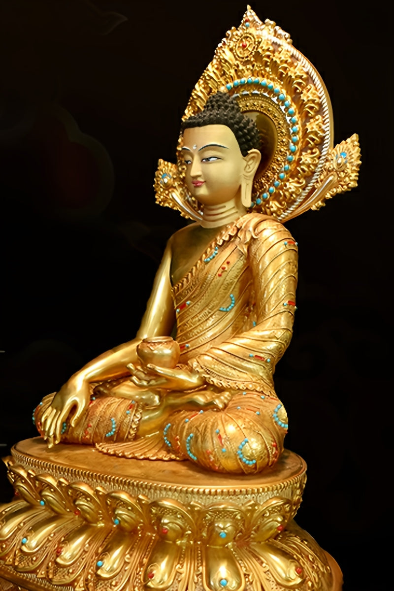 "Handcrafted Tibetan Buddhist Buddha statue in brass, painted with vibrant mineral pigments for stunning detail."
