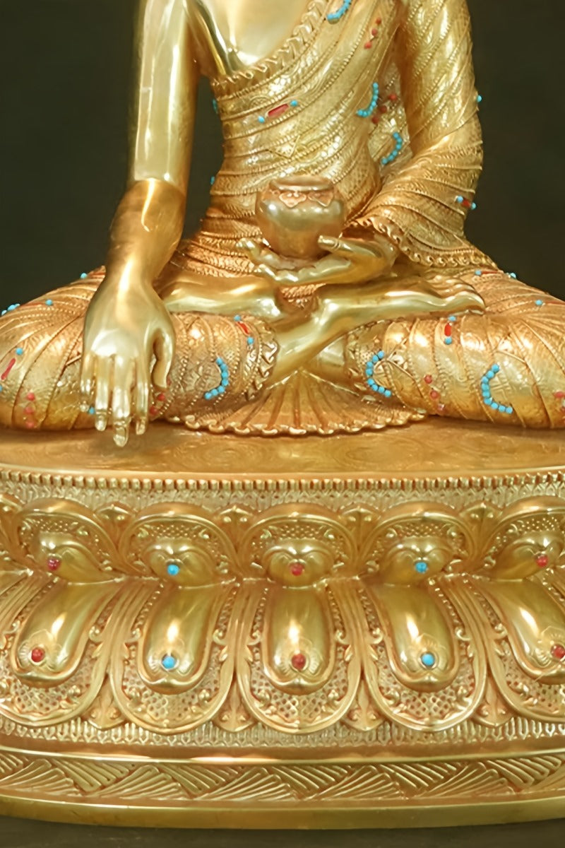 "Handcrafted brass Kyastha Buddha statue, painted with exquisite Tibetan Buddhist art and mineral colors."