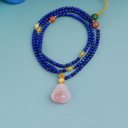 Handcrafted Tibetan Buddhist necklace with lapis lazuli, agate, mango stone, and South Red coral, inspired by Thangka art.”