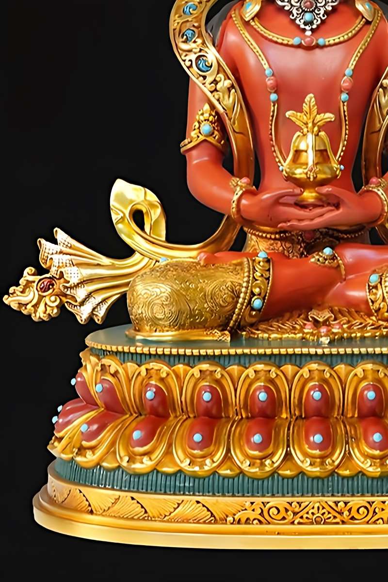 Handcrafted Tibetan Buddhist Long Life Buddha statue in gilded brass, with detailed mineral pigment painting.