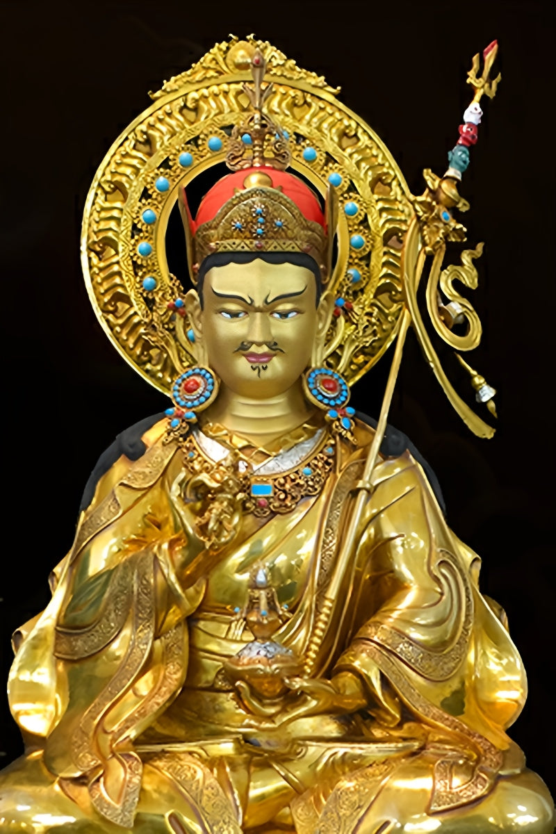 Tibetan Buddhist Buddha Statue Art featuring Lotus Born Buddha in Yellow Brass, Hand-painted with Mineral Paint