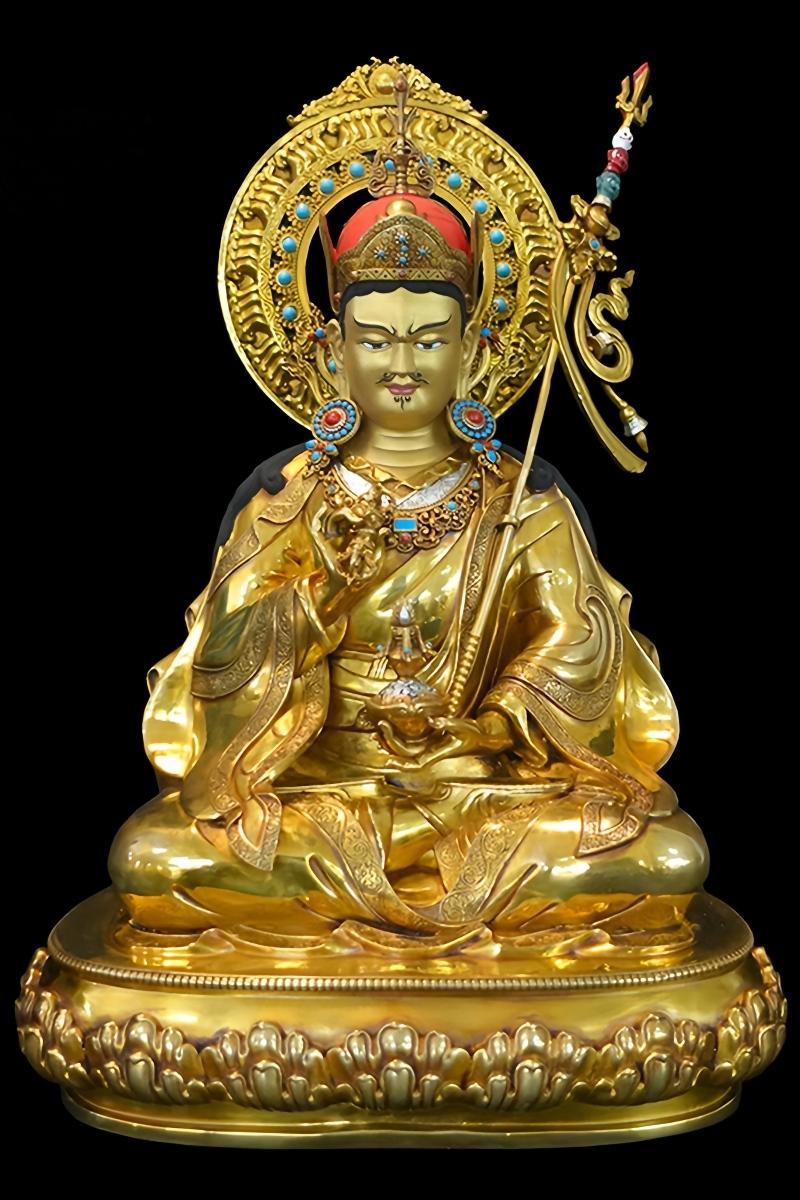 Handcrafted Tibetan Buddhist Lotus Born Buddha Statue in Yellow Brass with Mineral Paint, Tibetan Buddhist Statue Art