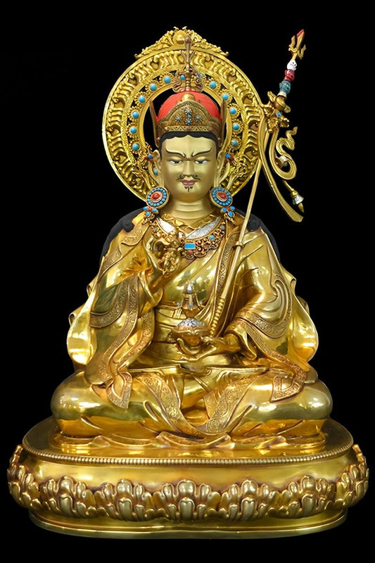 Handcrafted Tibetan Buddhist Lotus Born Buddha Statue in Yellow Brass with Mineral Paint, Tibetan Buddhist Statue Art
