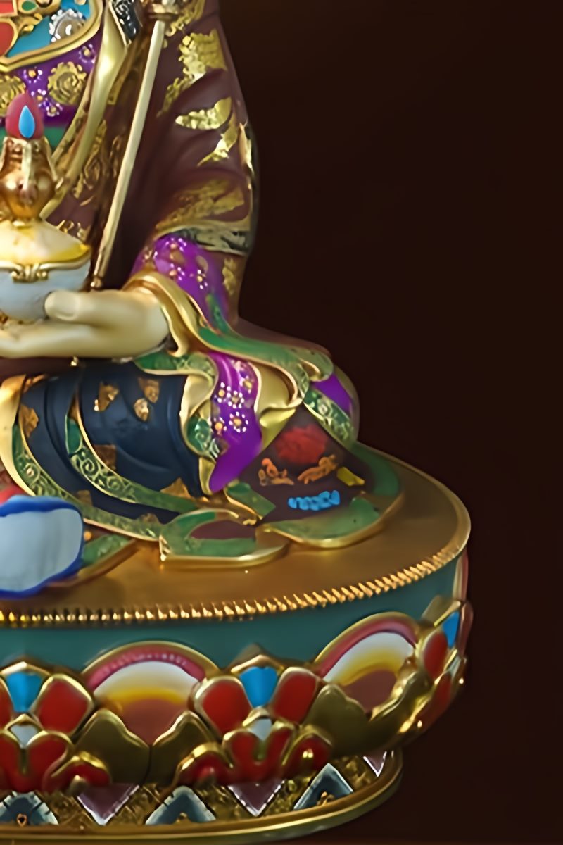 Lotus-born Master Padmasambhava painted brass statue, exquisite Tibetan Buddhist statues design, meaningful Buddha Statue Art for home altar.