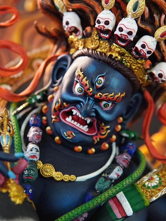 Tibetan Buddhist Mahakala Zhamaraha wealth deity statue, handcrafted brass with mineral pigments, painted Buddha statue craft.