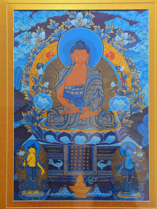 Hand-painted Tibetan Thangka of Mahavairocana Buddha on canvas, pure handcraft using mineral pigments.