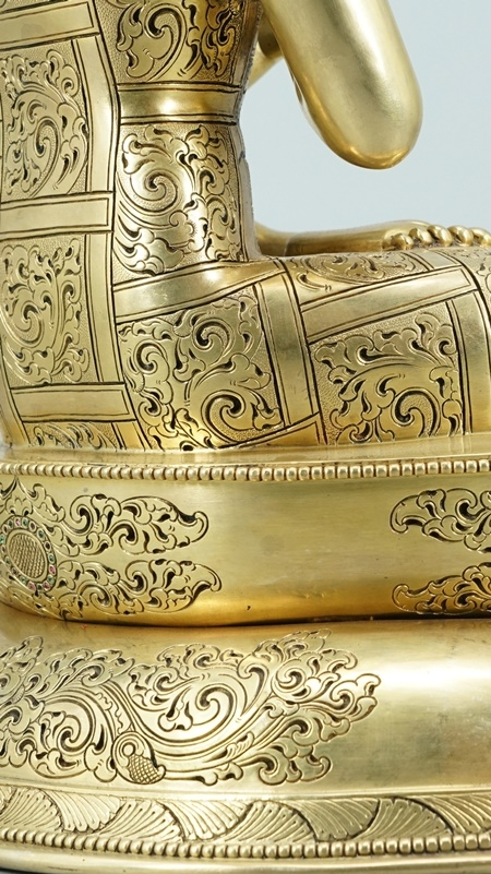 Handcrafted Tibetan Buddhist Maitreya Buddha statue with gilded finish and mineral pigments, symbolizing joy, compassion, and future enlightenment.