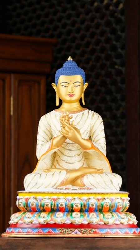 Maitreya Buddha statue created as refined Buddha Statue-Art, decorated with mud-gold and mineral colors in Tibetan style.