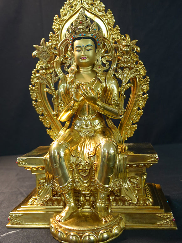 Maitreya Future Buddha painted brass statue with mineral pigments, handcrafted Tibetan Buddhist statues, Buddha Statue Art for harmony and success.