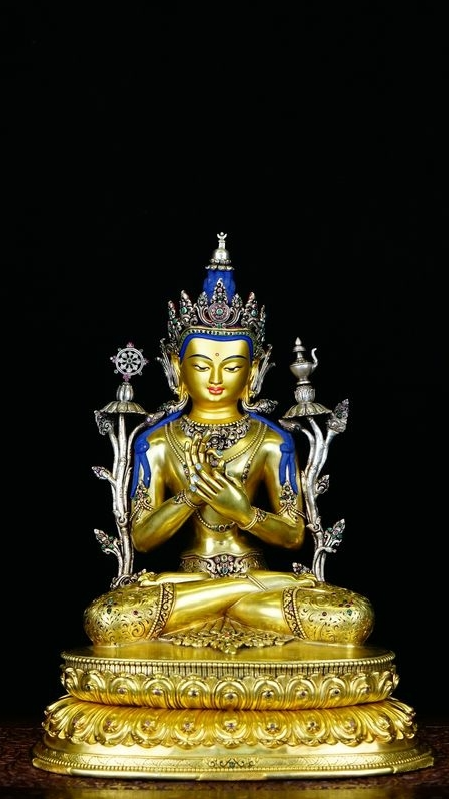 Pure silver Maitreya Buddha statue, hand-gilded and painted with mineral pigments in traditional Tibetan Buddhist statues style.