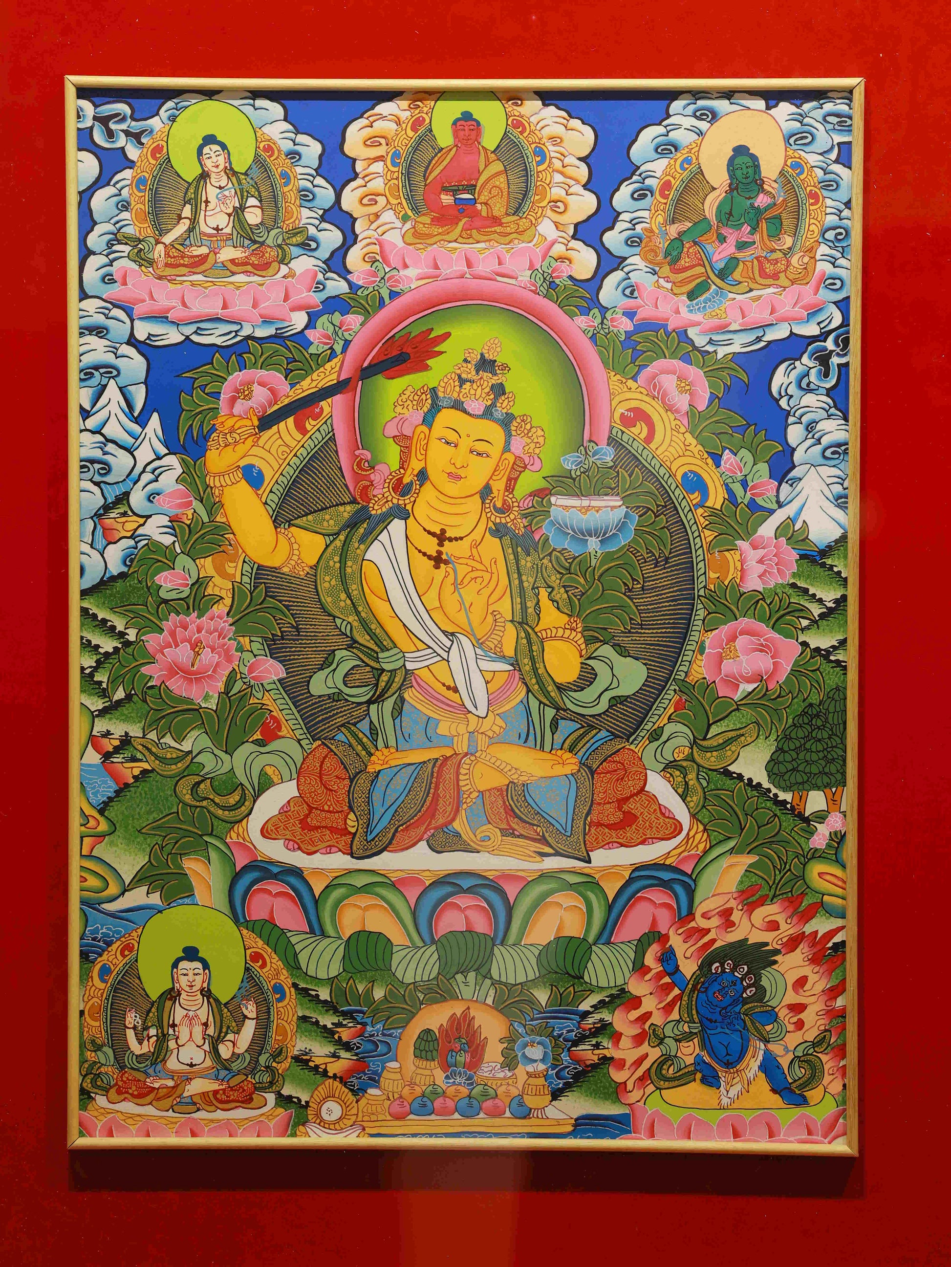 Hand-painted Tibetan Buddhist Manjushri Bodhisattva Thangka Painting – traditional Tibetan thangka art of wisdom and enlightenment.