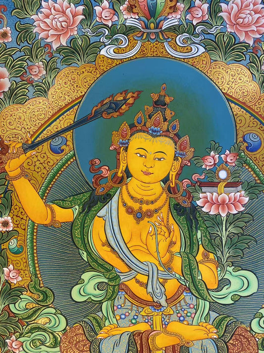 Tibetan Buddhist Manjushri Thangka – Hand-Painted with Mineral Pigments on Canvas, Traditional Bodhisattva Sacred Art, 75x50cm