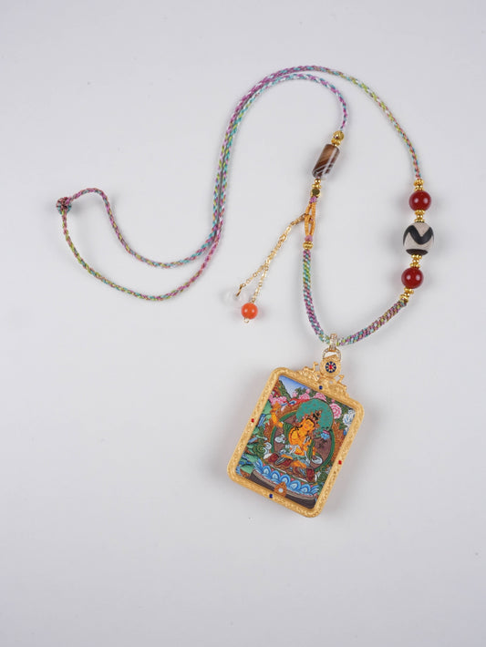 Tibetan Buddhist Thangka painting of Manjushri, the Bodhisattva of Wisdom, wielding a fiery golden sword to cut through ignorance. Hand-painted on traditional canvas with vibrant mineral pigments.