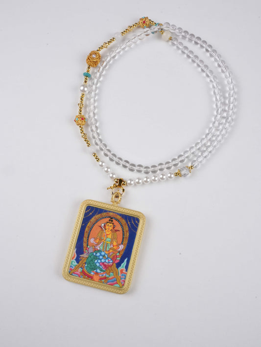 Tibetan Buddhist Manjushri Thangka Painting Pendant Amulet - A sacred Gau box featuring the Wisdom Buddha, meticulously hand-painted on traditional canvas.