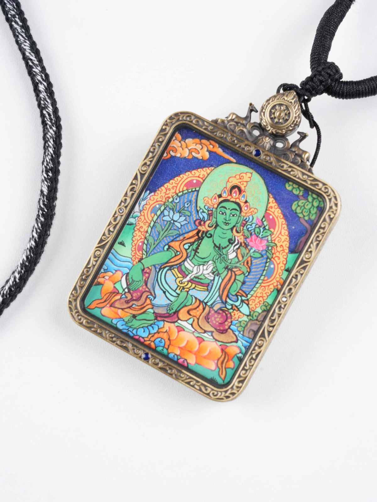 Mini Tibetan thangka pendant of Manjushri, zodiac guardian amulet symbolizing knowledge, enlightenment, and spiritual clarity in traditional Buddhist art.