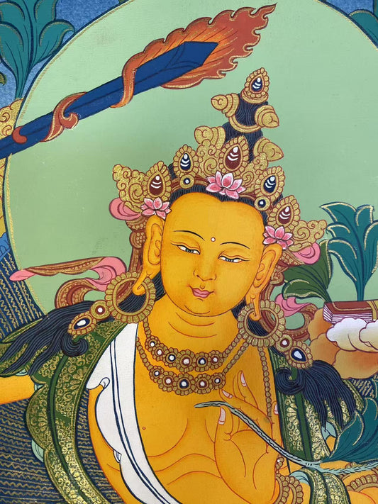 Tibetan-buddhist Manjushri thangka painting, crafted with mineral pigments and pure hand-painted techniques.