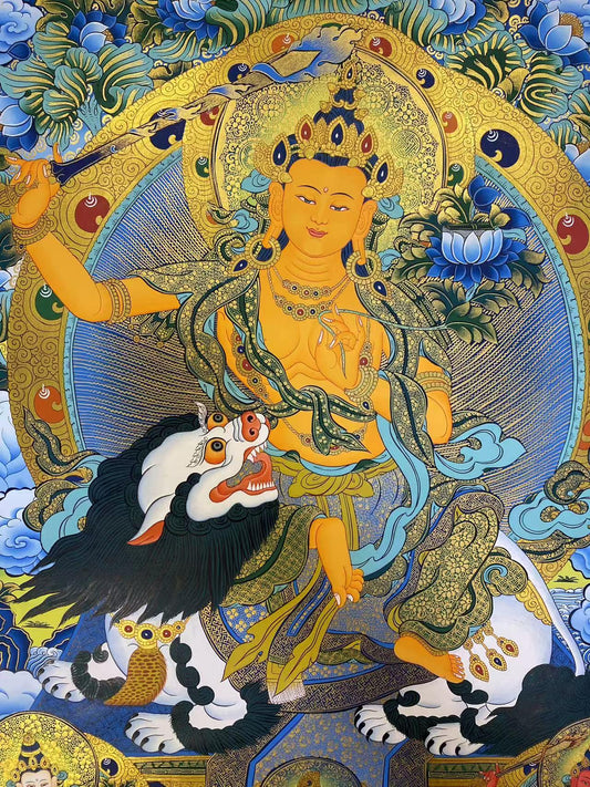 Tibetan-buddhist Manjusri thangka painting, crafted with mineral pigments and pure hand-painting techniques for spiritual practice.