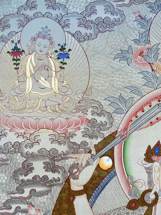 Tibetan-buddhist Manjushri thangka painting, crafted with mineral pigments and pure hand-painted techniques.