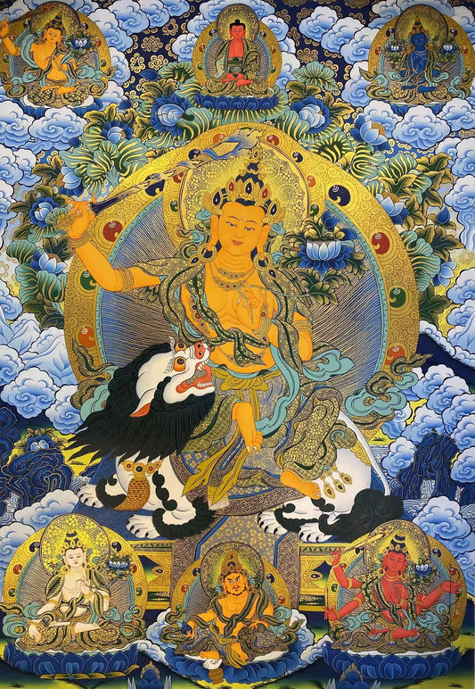 Hand-painted Manjusri Tibetan thangka painting with mineral pigments on thangka cloth, symbolizing wisdom in Tibetan-buddhist art.