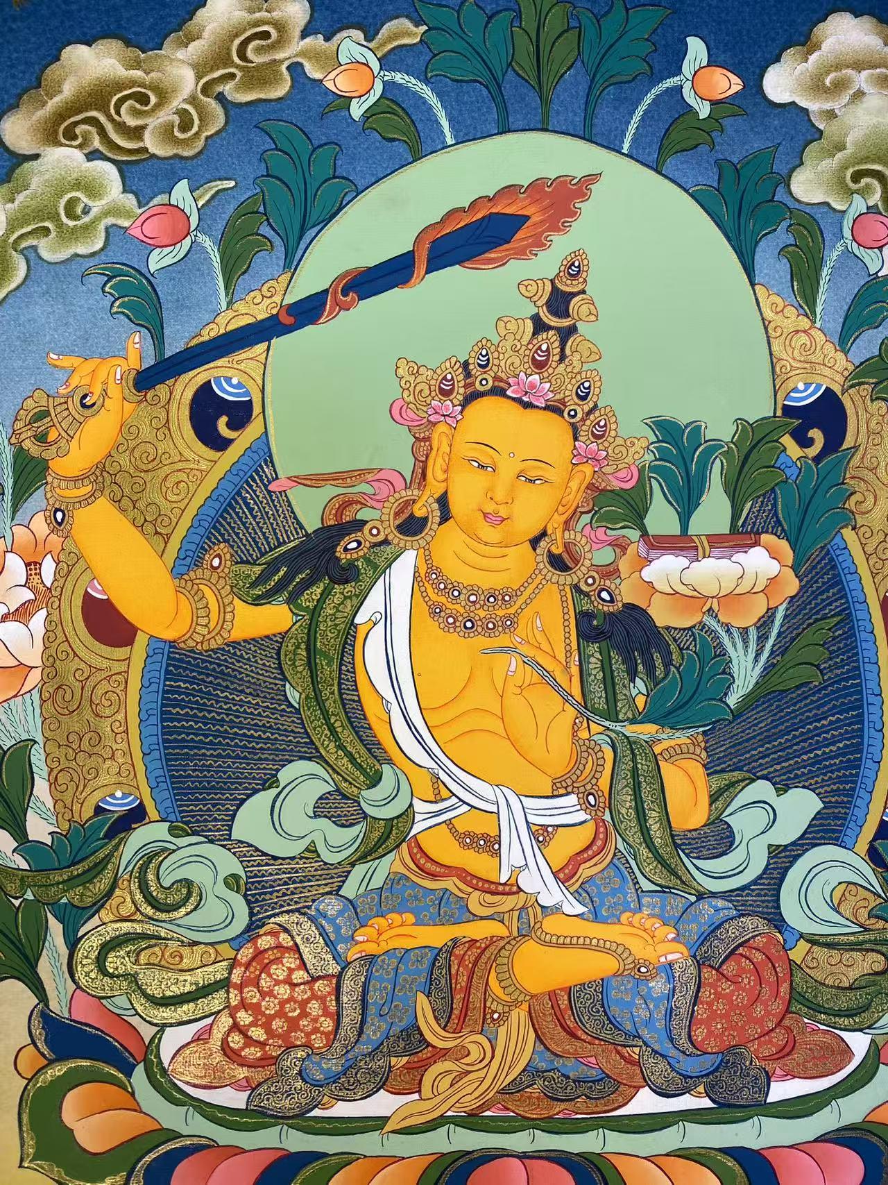 Sacred Manjushri thangka painting, hand-painted with mineral pigments, ideal for meditation and home altar.
